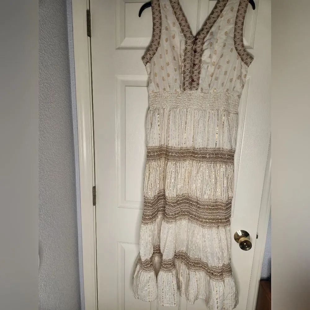 NAOO Nation AK Outfitters L Boho 100% Cotton Midi Maxi Dress Tiered Peasant Gold